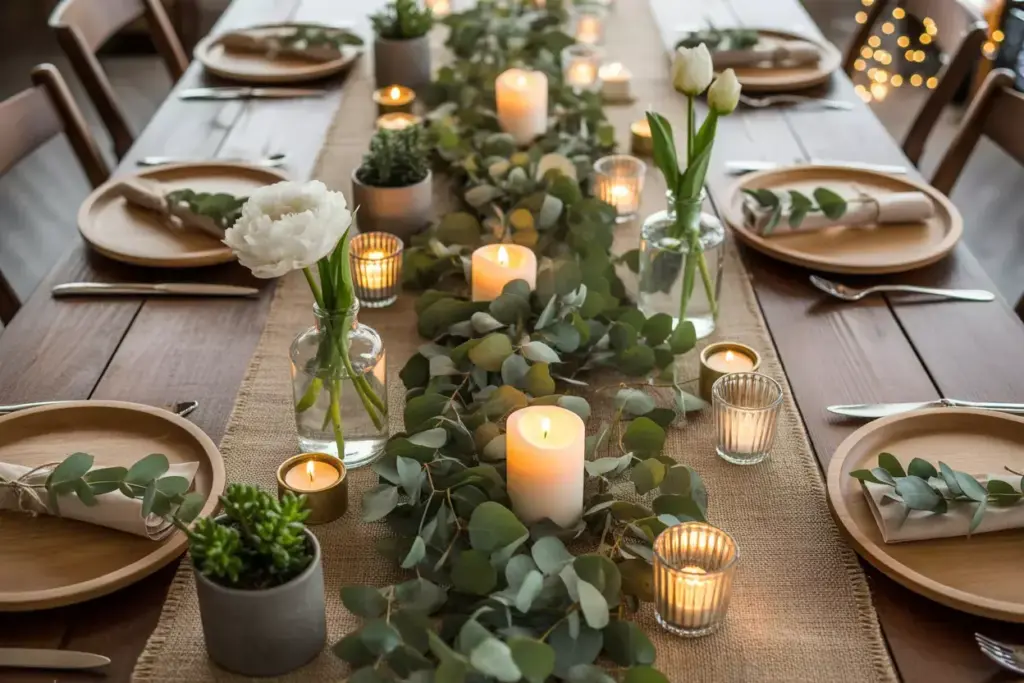 Overhead view rustic farmhouse table with eucalyptus garland candles