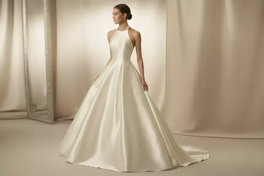 The classic satin halter a line gown on bride in studio
