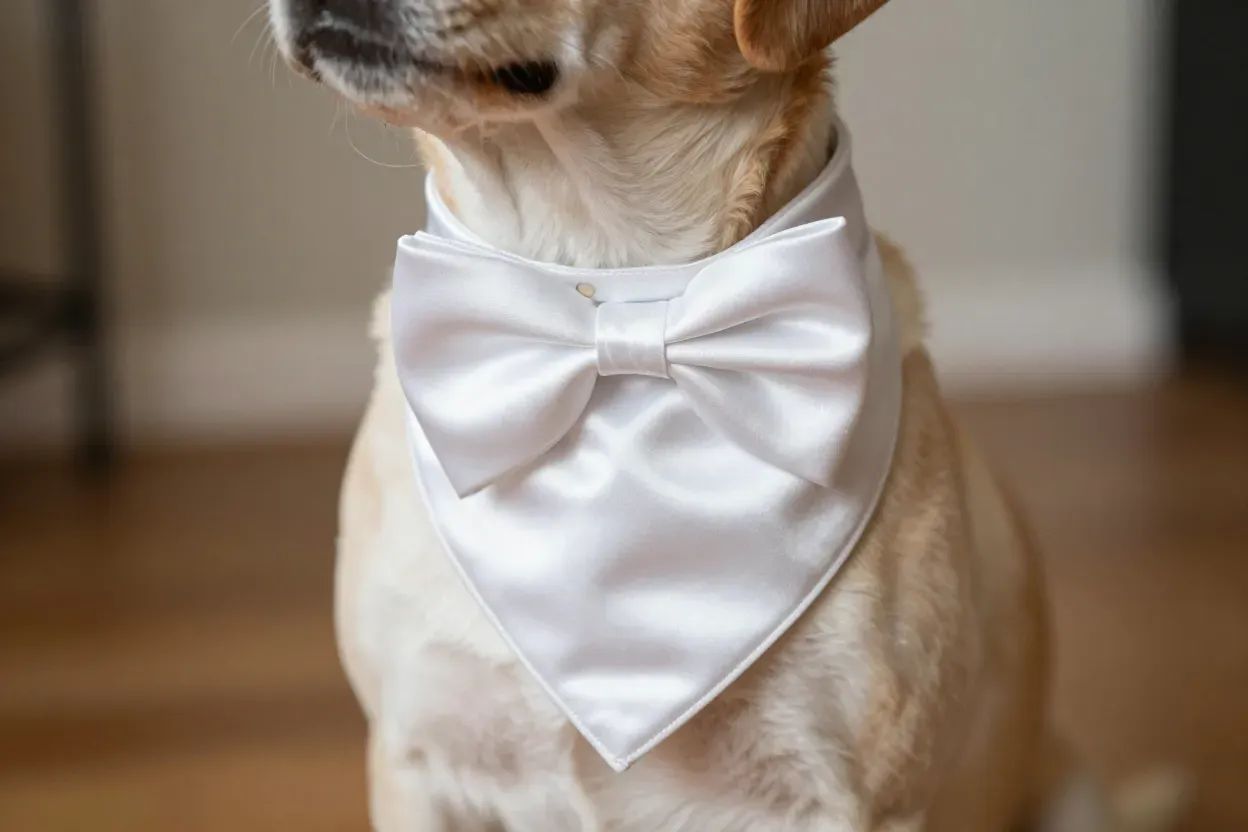 Dog wearing satin bow tie bandana snap closure
