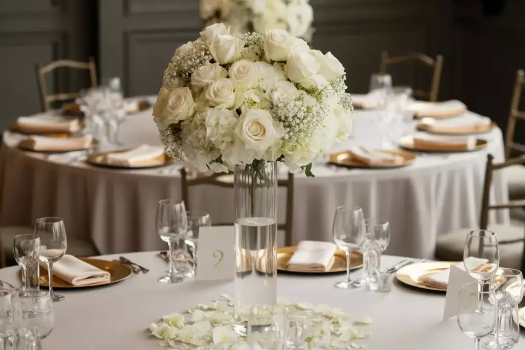 Elevated angle formal round table tall white rose centerpiece