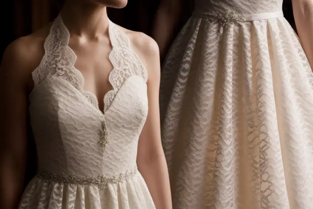 Lace beaded halter a line dress bodice close up detail
