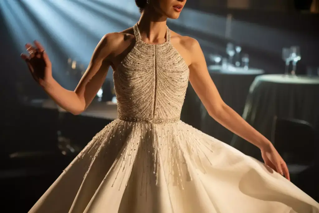 Beaded halter bodice a line gown bride turning in ballroom