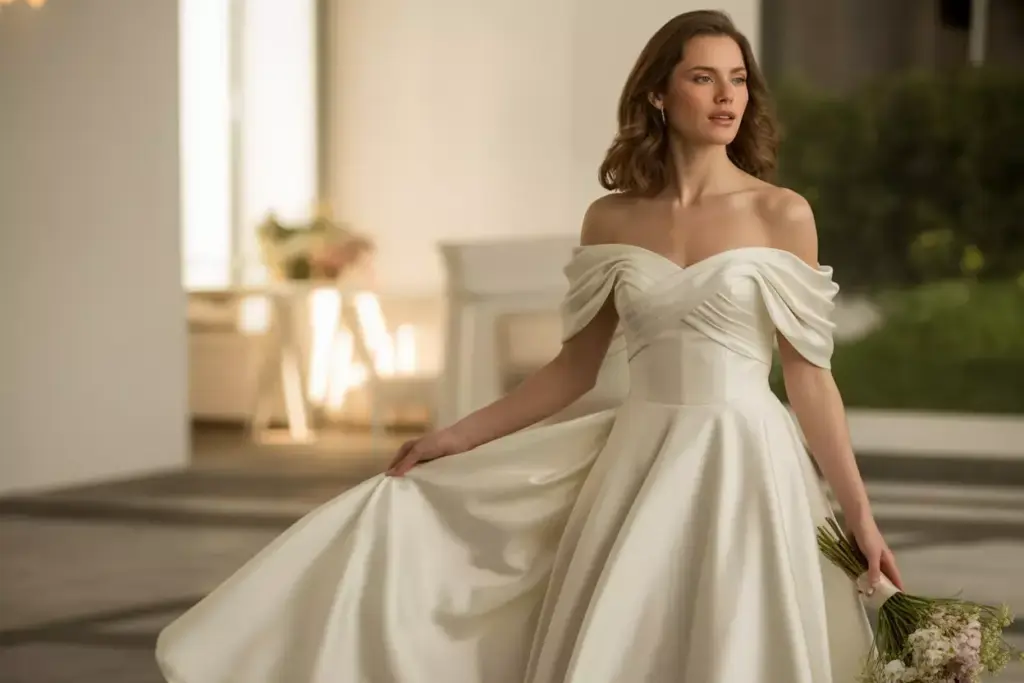 Contemporary off shoulder wedding gown with draped sleeves