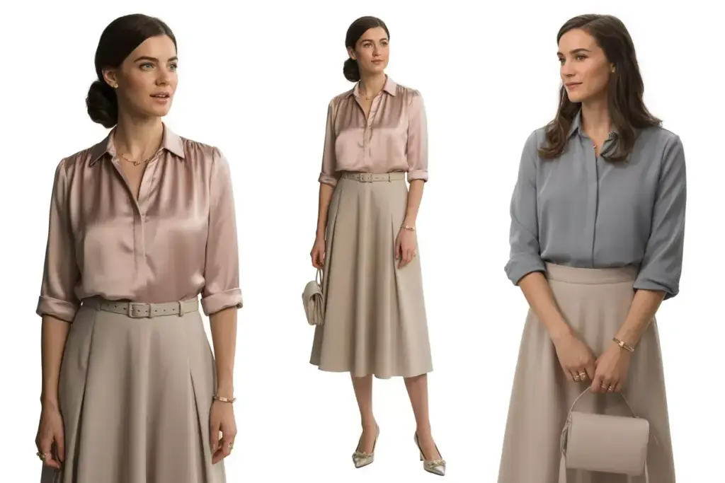 Polished silk blouse tucked into midi skirt with delicate belt