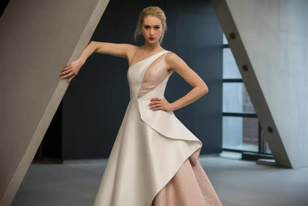Asymmetrical one shoulder wedding gown with mixed textures