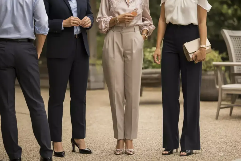 Elegant high waisted trousers with feminine lace blouse tucked in