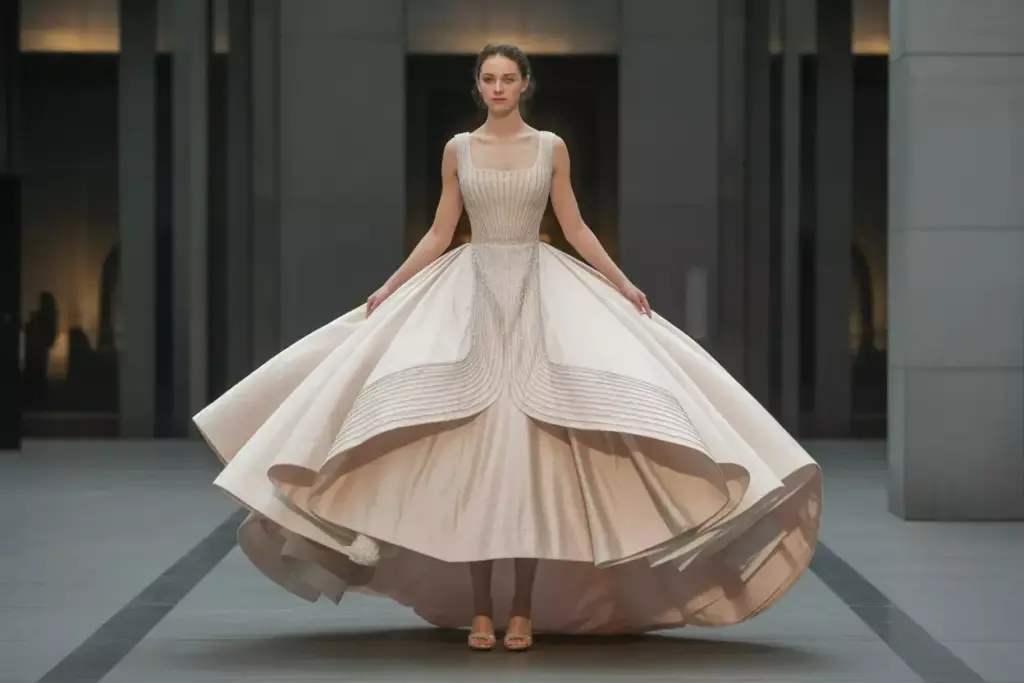 Modern ball gown with high low hemline and detachable overskirt