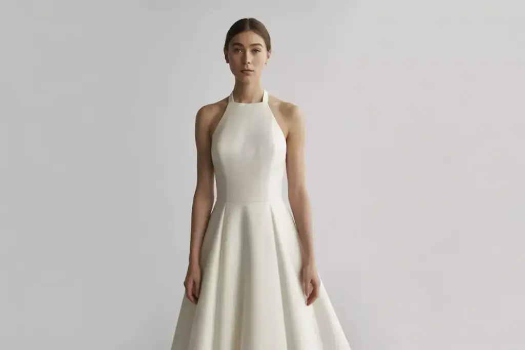Modern minimalist crepe halter a line dress studio shot