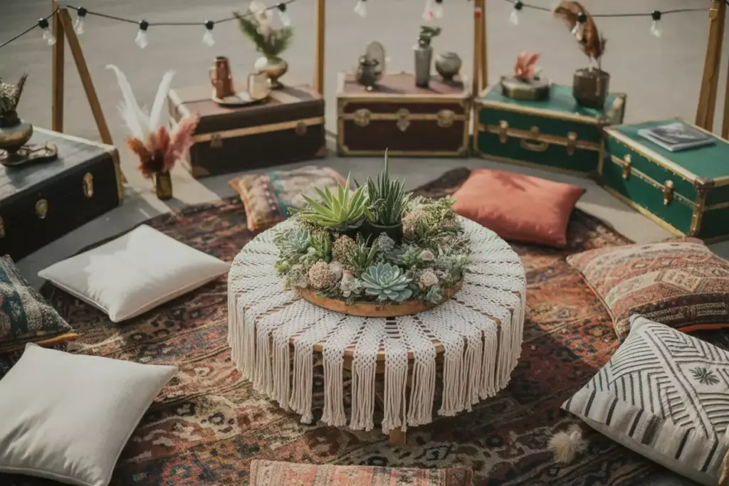 Wide angle boho low table macrame runner succulent displays
