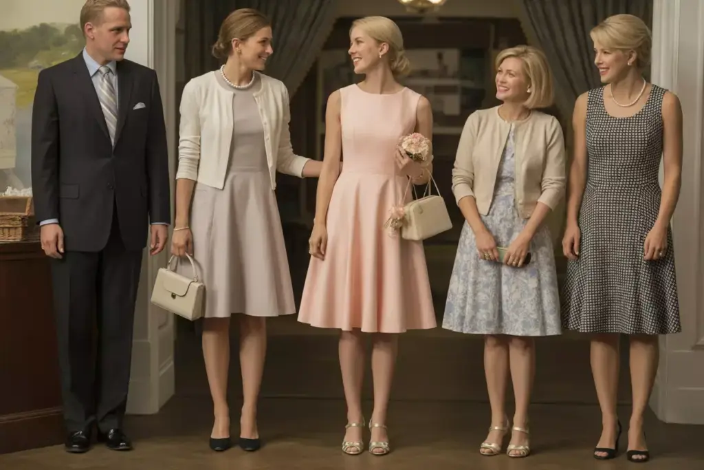 Classic fit and flare dress with cardigan and pearl jewelry