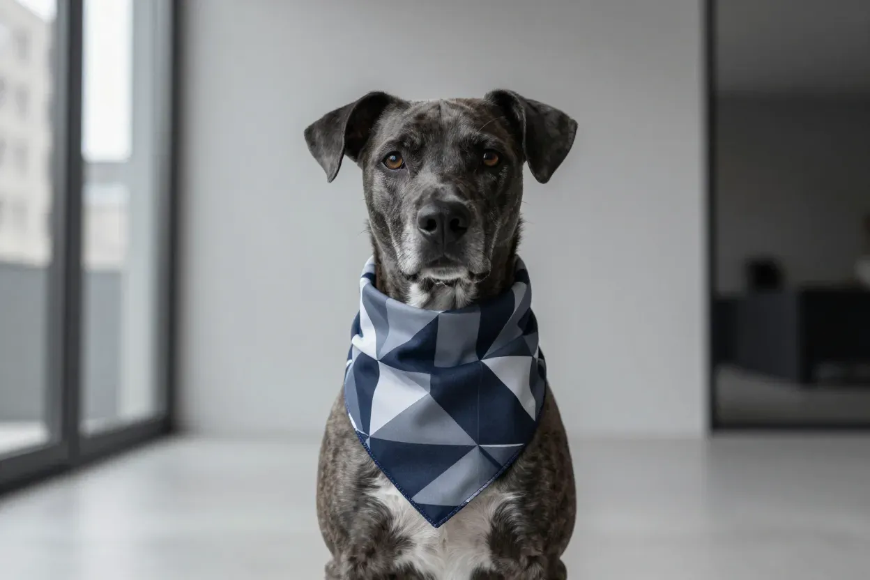 Geometric pattern bandana dog modern urban setting