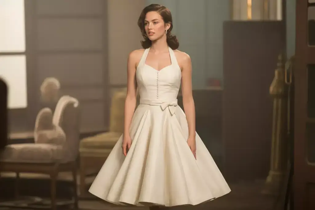 Vintage tea length halter dress bride in historic room