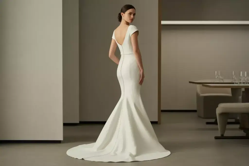 Evolved mermaid wedding gown with stretch fabric and streamlined train