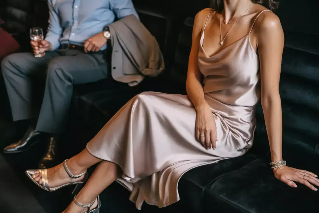 Modern silk camisole with midi skirt and strappy evening sandals