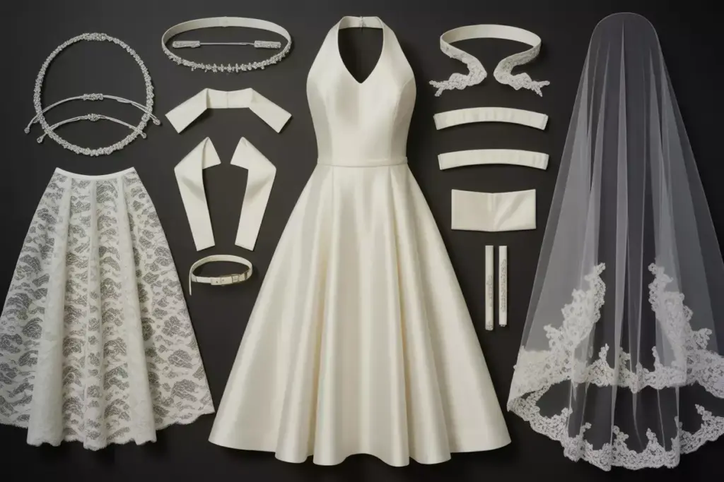 Customizable halter a line base dress with removable accessories flatlay