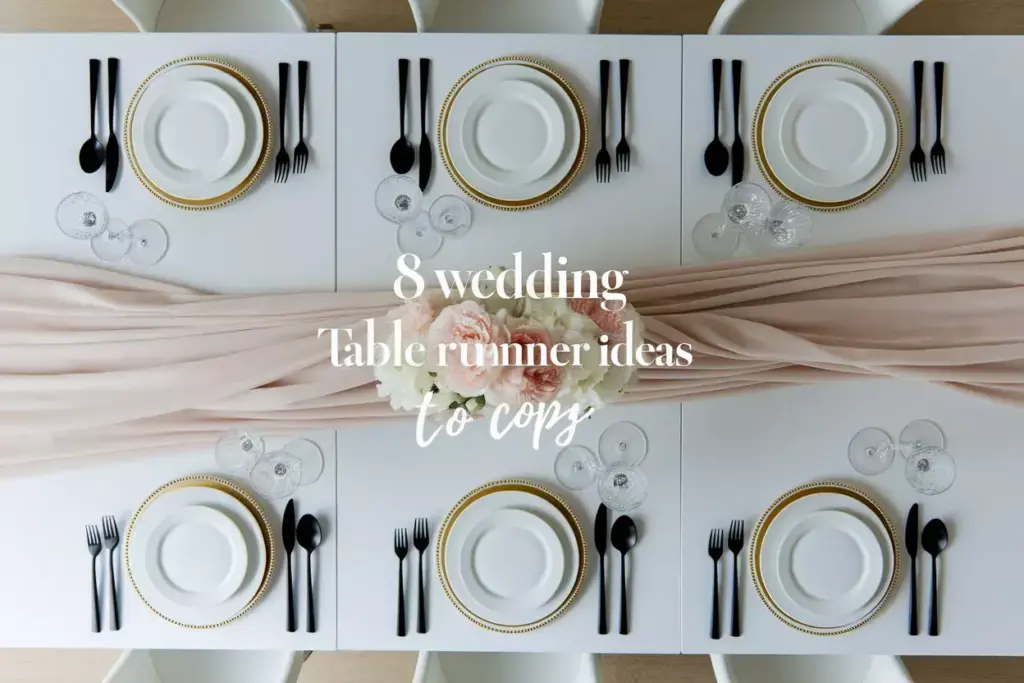 Aerial flat lay modern wedding table with ivory silk runner and floral centerpiece