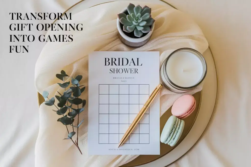 Elegant bridal shower bingo setup with prizes on decorative table
