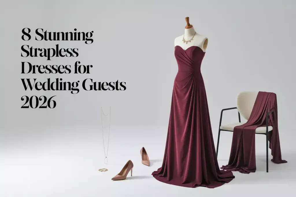 Elegant burgundy wrap strapless gown curated accessories on neutral background