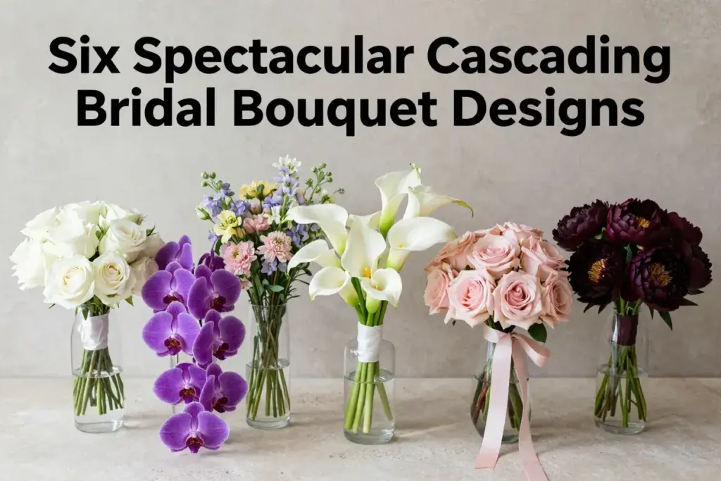 Six cascading bridal bouquet designs styled on stone background