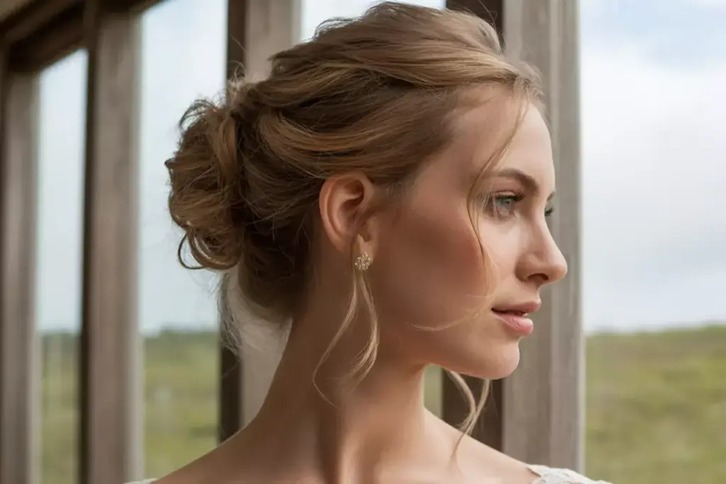 Messy updo face framing tendrils bride rustic venue portrait