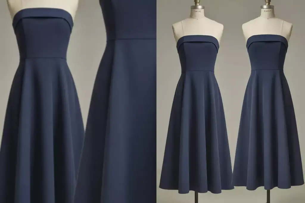Strapless navy blue a line midi dress on mannequin timeless wedding guest attire