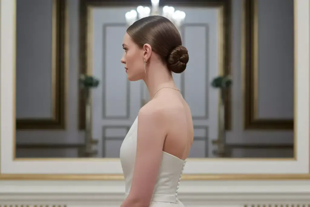 Sleek low bun chignon formal wedding venue back view