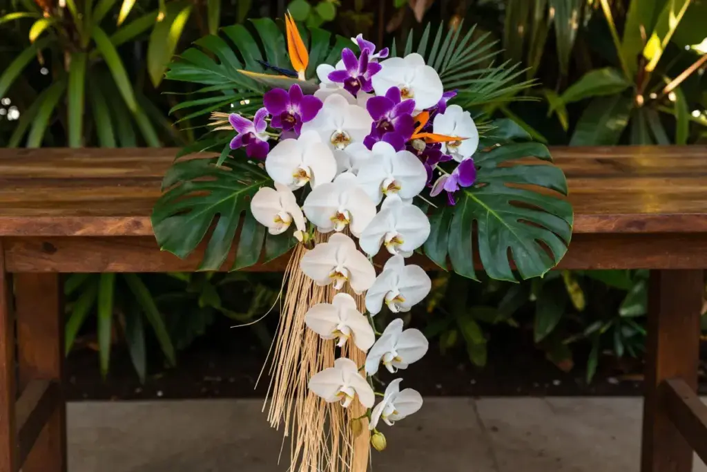 Tropical orchid cascade bouquet with monstera leaves on wood