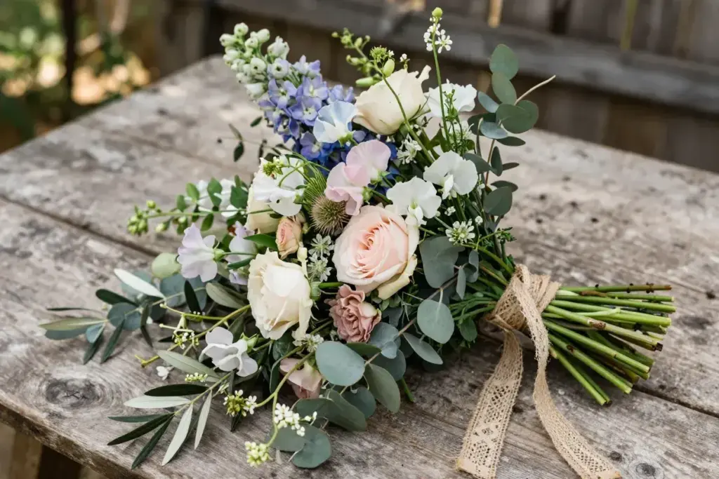 Bohemian wildflower waterfall bouquet with eucalyptus on wood
