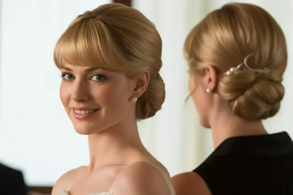 Classic updo face framing bangs bride portrait neutral background