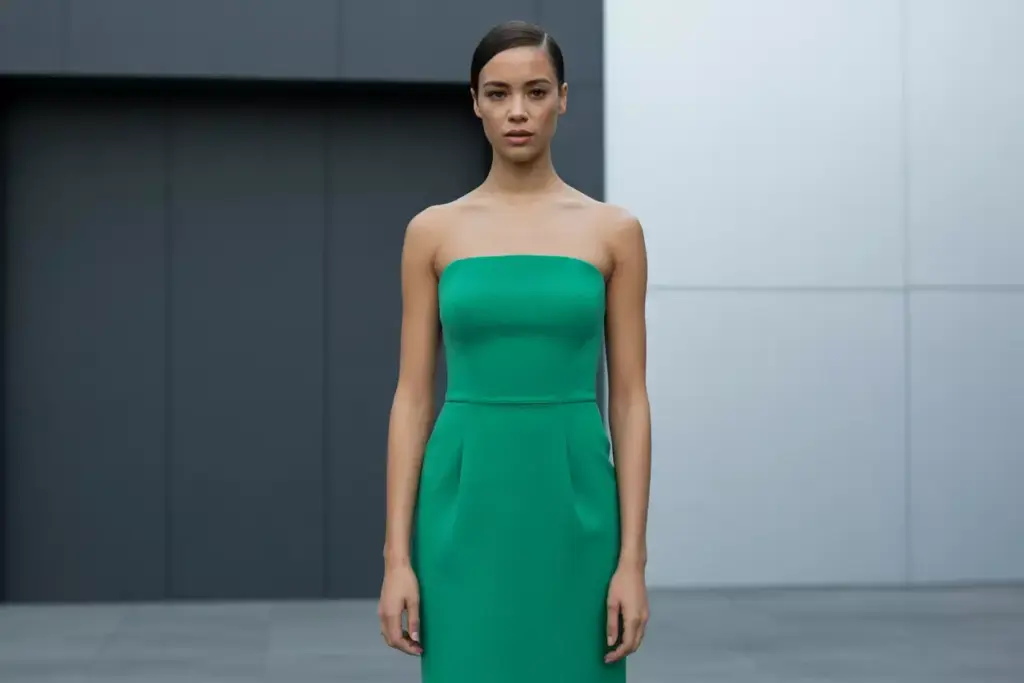 Sleek emerald green sheath strapless dress modern cocktail wedding