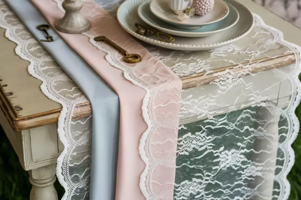 Vintage flat lay lace runner layered over solid fabric