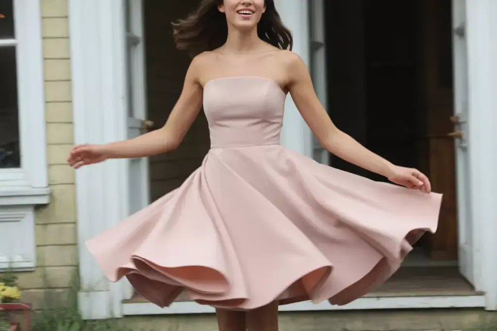 Blush pink fit and flare strapless dress flowing fabric spring wedding