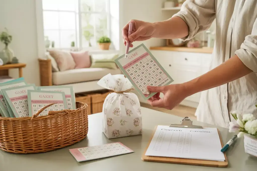 Host preparing game packets and seating for bridal shower