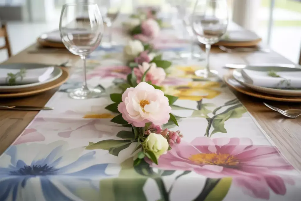 Close up watercolor floral runner with matching fresh centerpiece