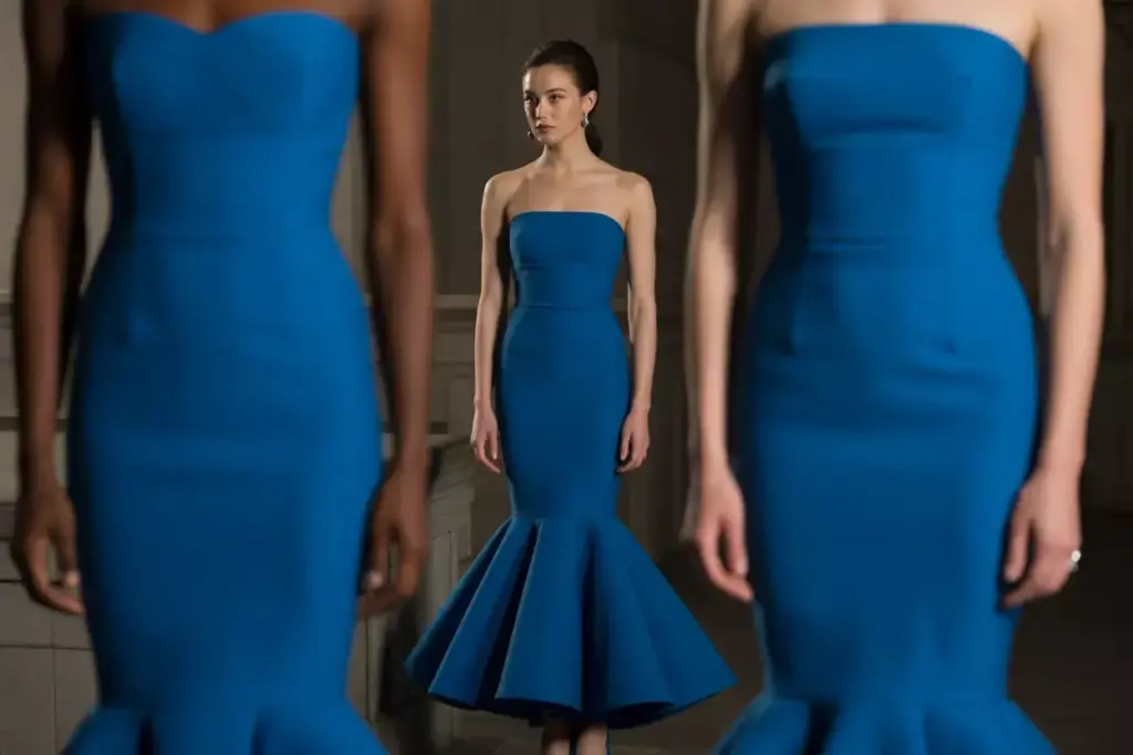 Sapphire blue mermaid silhouette strapless dress formal evening glamour