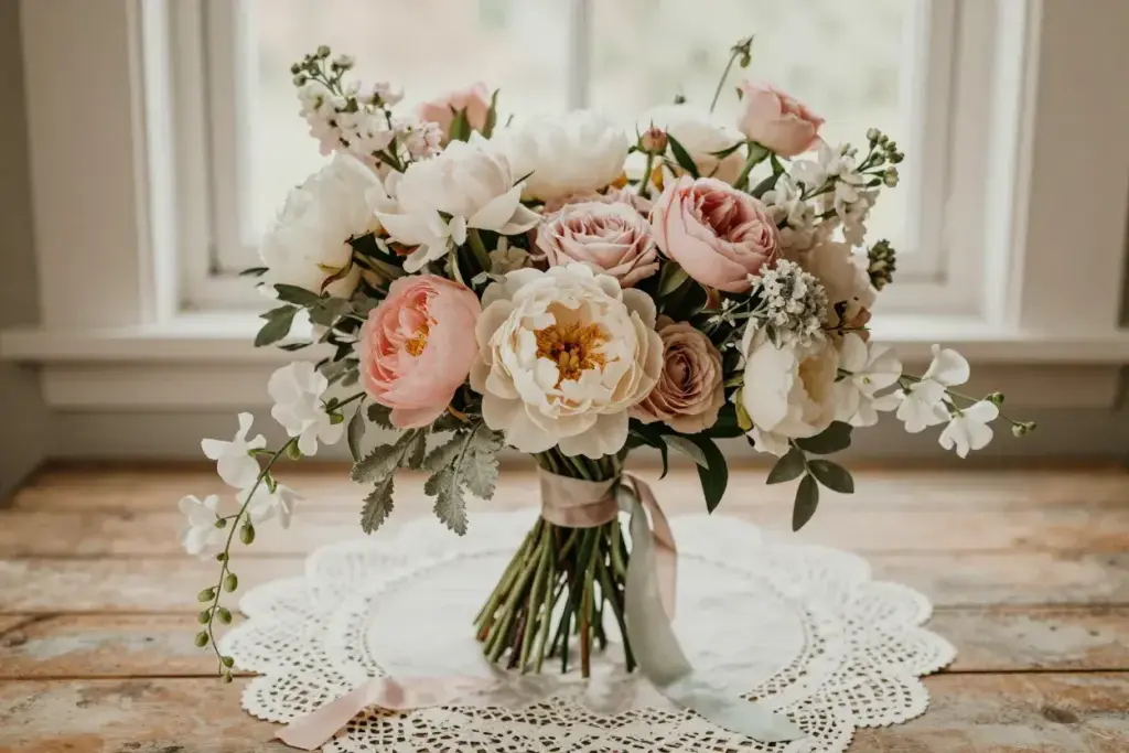 Vintage inspired mixed bloom cascade with peonies ribbon