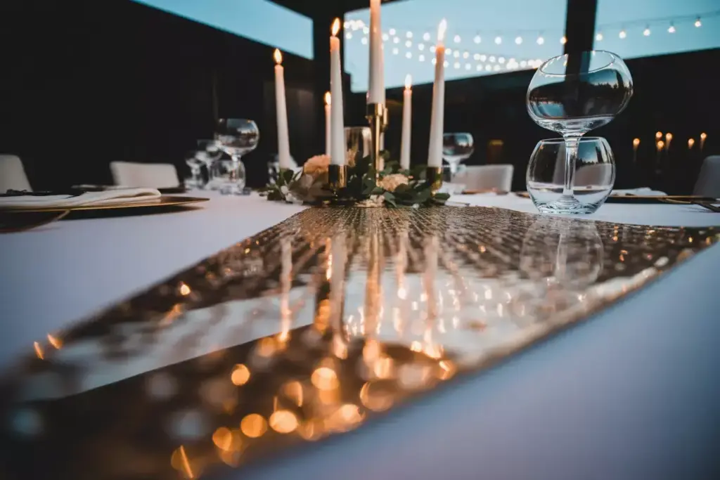 Glamorous gold sequined runner reflecting candlelight atmosphere