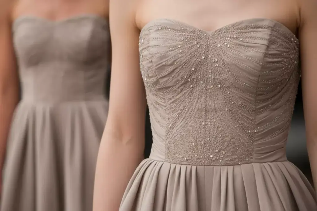 Taupe strapless dress with embellished beaded bodice neutral elegance