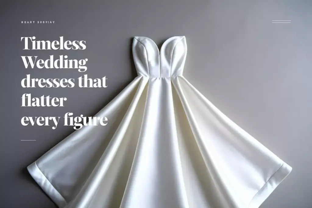 Aerial flat lay single timeless sweetheart a line wedding dress on neutral backdrop