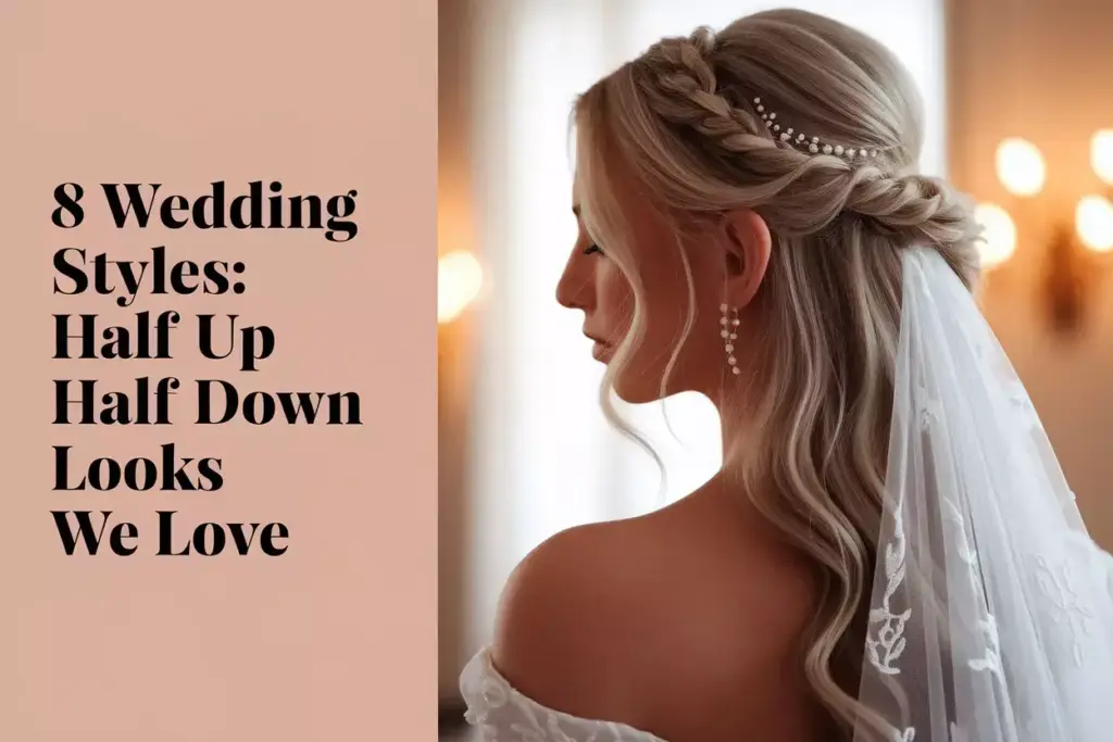 Elegant bridal profile showcasing half up hairstyle with pearl accessories