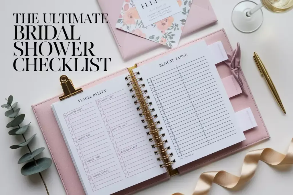 Flat lay of elegant planner with checklist and bridal shower props
