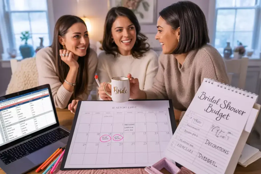 Bride and cohosts planning budget guest list on a weekend afternoon