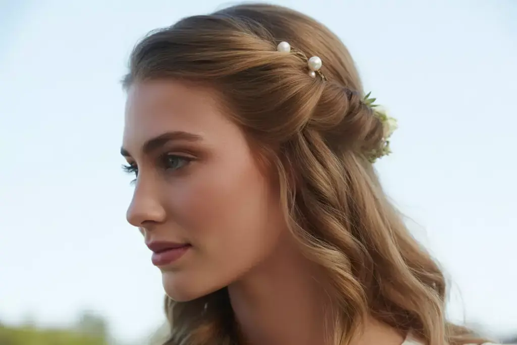 Romantic twisted crown half up hairstyle on bride in garden setting