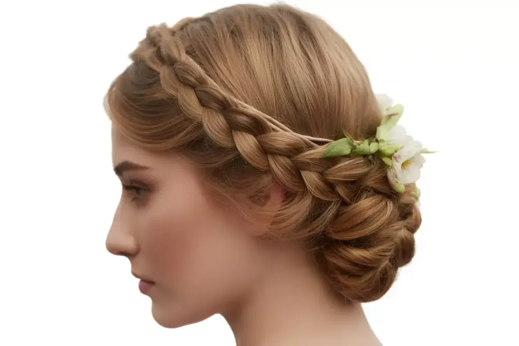 Elegant braided half crown hairstyle with floral ribbon detail