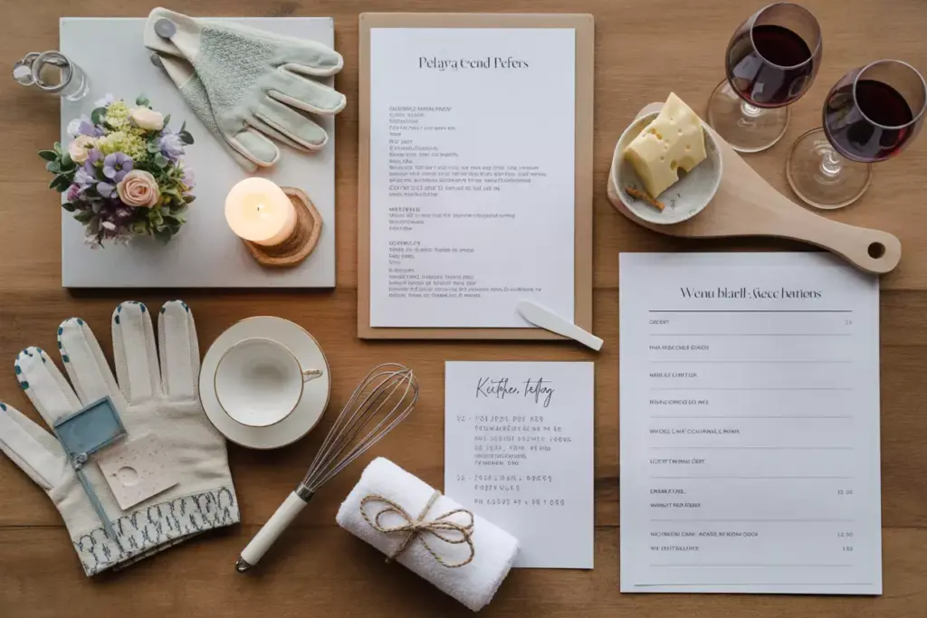 Flat lay of bridal shower themes garden tea kitchen spa wine