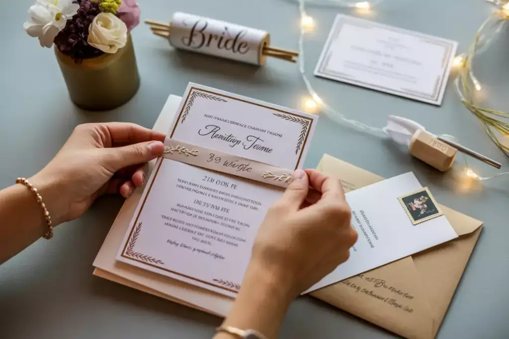 Addressing invitations with matching floral decorations in background