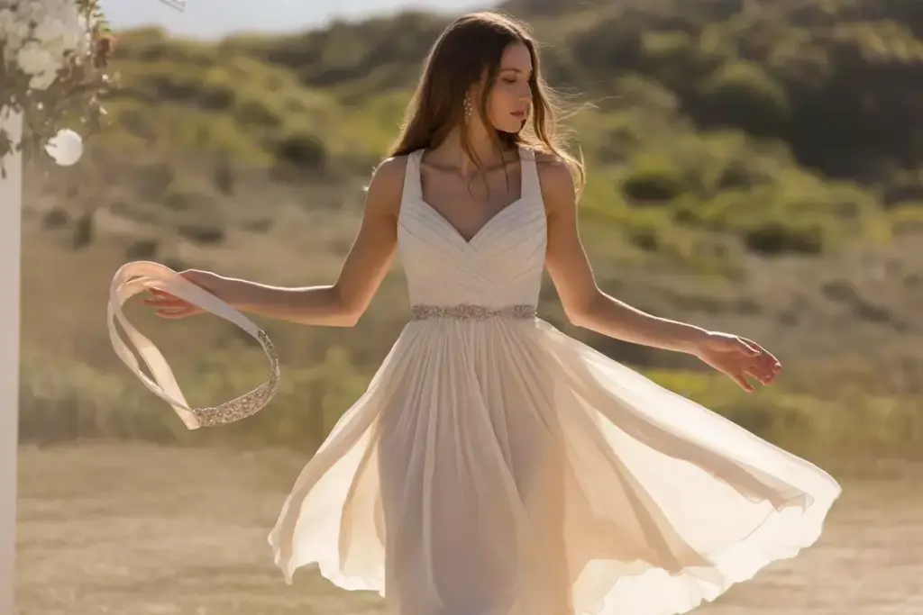 Flowing chiffon bohemian sweetheart wedding dress garden setting