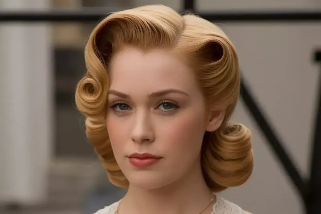 Vintage victory rolls half up hairstyle with soft waves