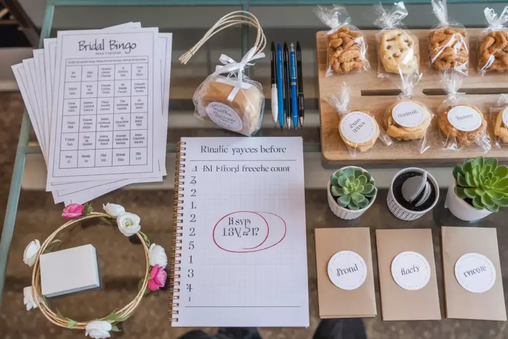 Overhead view of bridal bingo sheets prizes and succulent favors