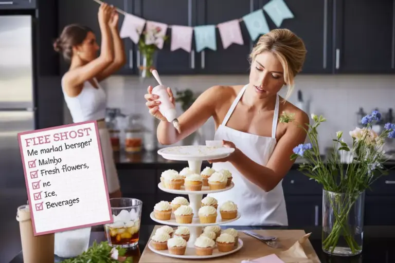 Hands Frosting Cupcakes While Banner Is Hung In Background Kitchen
